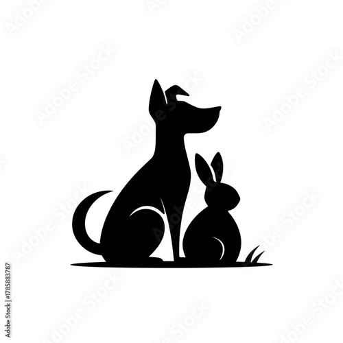 Black silhouette of a dog and a rabbit sitting together on white background