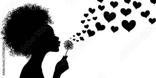 Silhouette of a woman with curly hair blowing a dandelion, scattering hearts