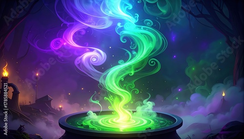 Vibrant Rainbow Swirl Rising From A Mystical Cauldron In A Night Forest Scene