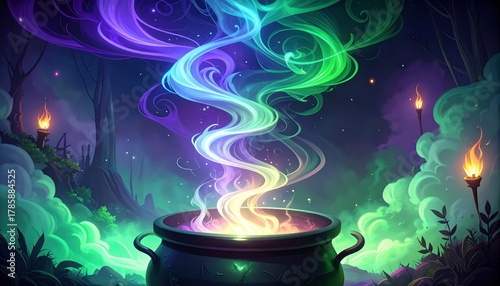 Vibrant Rainbow Swirl Rising From A Mystical Cauldron In A Night Forest Scene