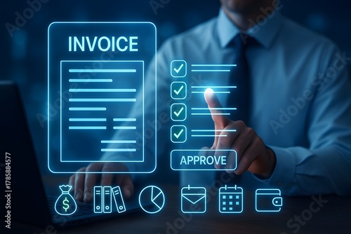 Invoice approval workflow with digital checklist and financial icons for accounts payable