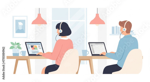 Remote team working together on laptops in a modern co-working space. Flat vector illustration for presentations, website headers, and marketing.