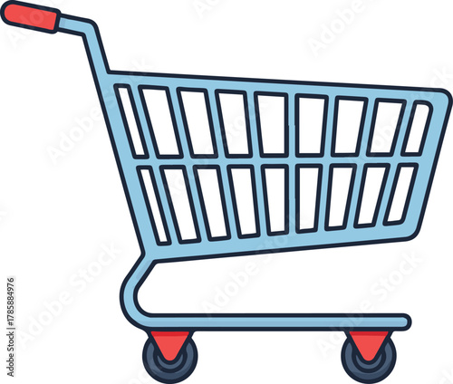 A flat vector illustration of a wire shopping cart in light blue with red accents on the handle and wheel hubs.