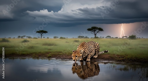 A cheetah at a waterhole during the rainy season, with storm clouds gathering dramatically in the background, international cheetah day