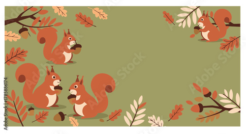 Autumn Squirrels Gathering Acorns - Flat Vector Illustration
