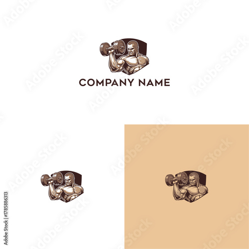 Vintage style fitness logo featuring a muscular bodybuilder lifting a dumbbell inside a shield emblem, representing strength and power