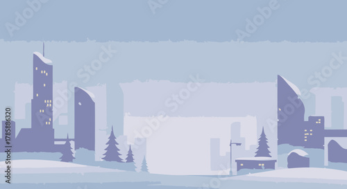 Vector Illustration of a Snowy Cityscape at Dusk