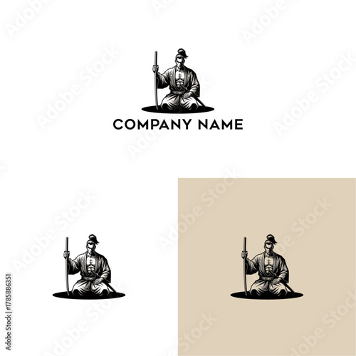 Samurai warrior logo design with katana sword and traditional outfit vector design