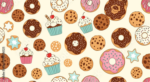 Delicious assortment of donuts, cupcakes, and cookies, a sweet treat.