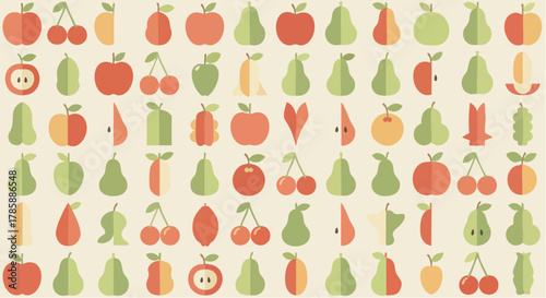 Colorful assortment of various fruits, including apples, pears, and cherries, arranged in a pattern.