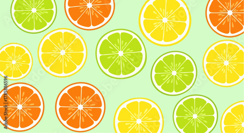 Colorful citrus fruit slices arranged on a light green background, creating a vibrant pattern.