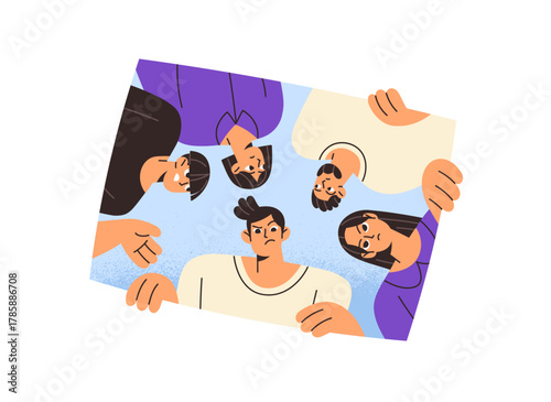 Puzzled people look down at secret through hole together. Group of curious friends with pensive, frowning faces in rectangle shape bottom view. Flat isolated vector illustration on white background