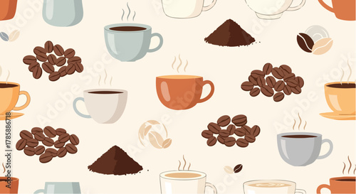 Coffee cups and beans pattern, perfect for cafe or coffee shop design.