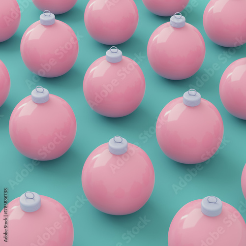 Minimalistic 3D illustration with shiny pink christmas balls arranged in pattern on a turquoise background in pastel colors