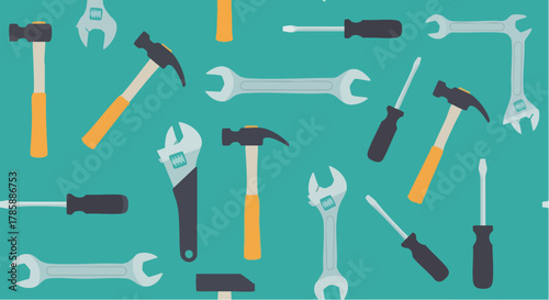 Collection of various tools scattered across a surface, ready for use in construction and repair.