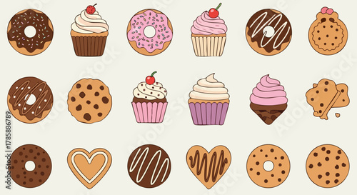 Delicious assortment of baked goods including donuts, cupcakes, cookies, and heart-shaped treats, perfect for dessert.