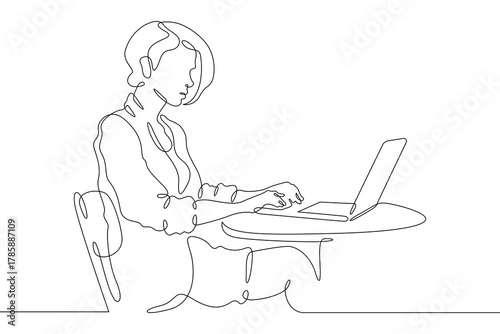 Continuous single line drawing girl is sitting at a laptop. A woman is working at a computer.Linear . One continuous line isolated minimalist illustration. Not AI.