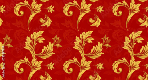 Elegant Red and Gold Baroque Pattern with Swirling Flourishes and Floral Motifs