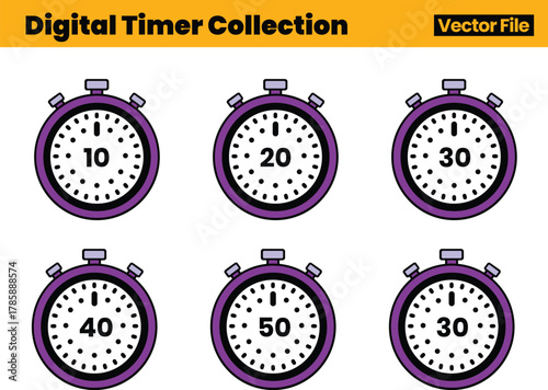 Stopwatch Vector Design Set Including Six Illustrated Timers with Labeled Seconds for Measurement Concepts