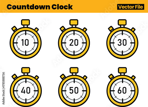 Essential Timer Icon Pack with Six Stopwatches Displaying Sequential Time Intervals Ideal for Productivity Graphics