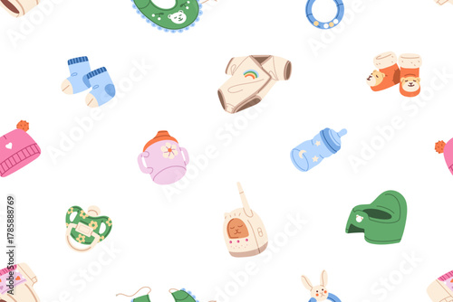 Repeatable pattern of different baby items: pacifier, diaper, and cute clothes. Endless background of tools and accessories for newborns, caring about infant kids. Flat seamless vector illustration