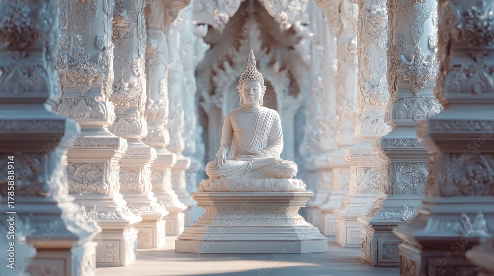 Fototapeta premium Serene Buddha statue amid ornate pillars in an ethereal temple setting