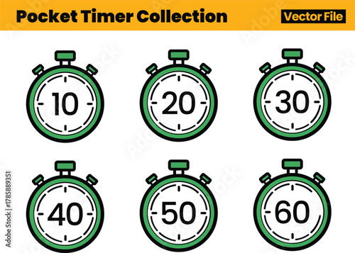 Minimalist Quick Timer Icon Set with Six Stopwatches Indicating Predefined Second Intervals for Timekeeping Visuals