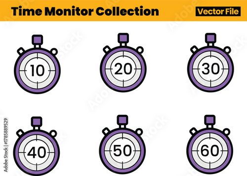 Modern Stopwatch Vector Pack Displaying Six Timers with Preset Intervals for Precision and Productivity Design Projects