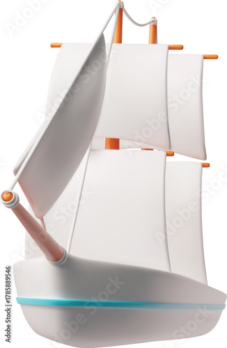 Sailboat 3D cartoon vector icon, cruise yacht with white sails, travel sailing ship, tourist vessel sea voyage transport