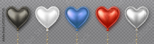 3d realistic vector icon illustration. Set of colorful inflatable balloons in heart shape, black, white, blue, red and white color. 