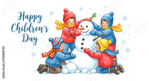 Four children joyfully build a snowman together, celebrating Children's Day in winter.