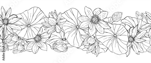 Blooming lotus flowers among leaves horizontal seamless isolated banner. Vector Water lily line art black ink pattern. Floral monochrome ornate for package, celebration decor, textile