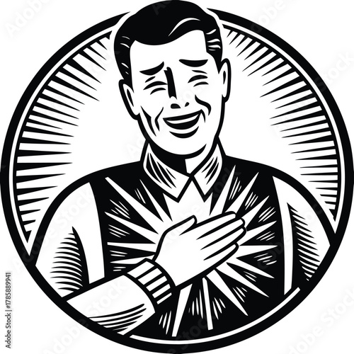 Sarcastic man facepalm with hand on chest with sunburst and circle border in vintage black and white vector art