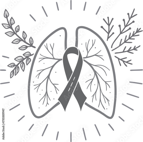 Anatomical lungs with awareness ribbon illustration depicting respiratory health support and remembrance in artistic line art style
