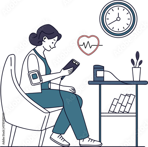 Woman using blood pressure monitor for health check sitting at home with clock heart and plant on table 117 characters