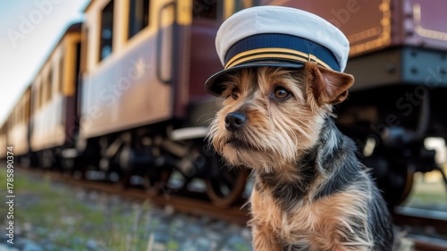 A charming dog wearing a captain's hat poses beside a vintage train, showcasing a playful blend of transportation and pet companionship.