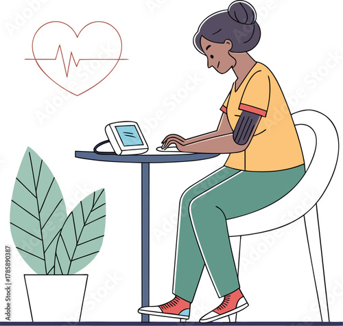 Woman sitting at table checking her blood pressure next to plant and heart icon for heart health in white background