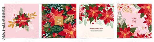 Christmas greeting cards set with hand drawn Poinsettia flowers, fir branches, snowflakes, holly berries. Xmas vector design for holiday banner, cover.