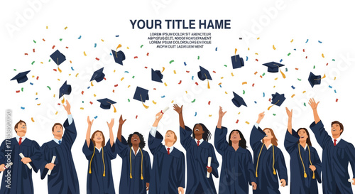 Celebrate academic success! Diverse graduates joyfully throw caps and diplomas, perfect for educational ads, banners, and social media campaigns. Capture the spirit of achievement.