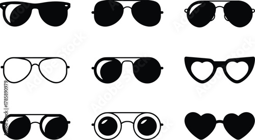 Set of Nine Sunglasses and Eyewear Silhouettes Icons Vector
