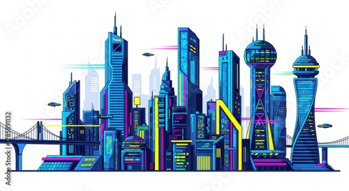 Futuristic city skyline with flying vehicles isolated on, urban scene