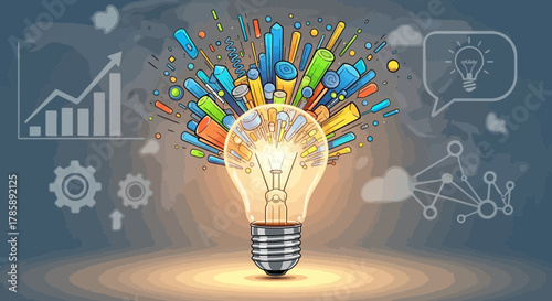 Illumination of Insight: A luminous light bulb radiates a spectrum of colorful thoughts, ideas and innovation, against the backdrop of strategic graphs and technological advancements.