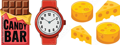 Candy bar, wristwatch, Swiss cheese, food and time, object illustration, red band watch, chocolate squares, educational art, white background
