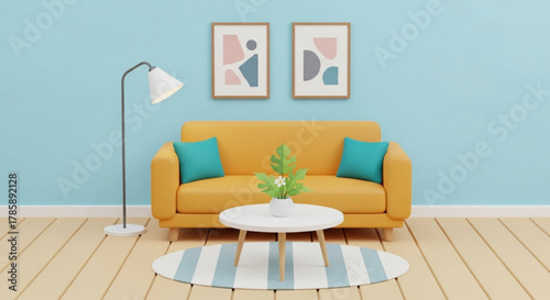 Cozy living room with yellow sofa and abstract art on a blue wall indoors