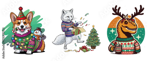 Cartoon holiday animals: corgi, fox, t-rex in festive sweaters