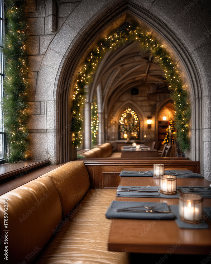 Fototapeta premium Warm festive interior with arches, cozy leather seating, candlelight, holiday greenery, and twinkling lights create inviting dining atmosphere