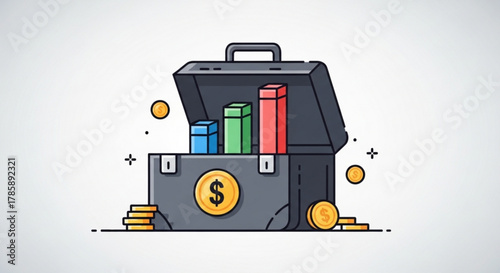 Investment portfolio illustration with money, coins, and growth bars representing financial success and wealth management on