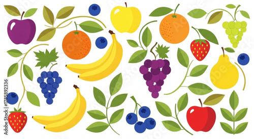 Colorful fruit assortment with leaves isolated on