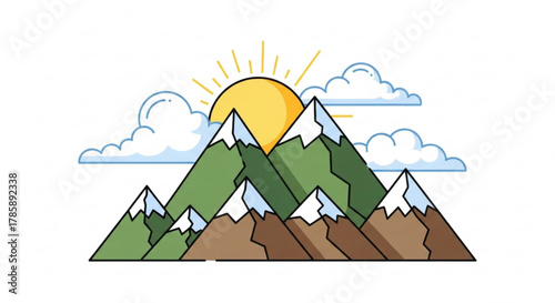 Scenic mountain range with rising sun isolated on illustration