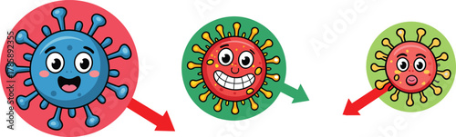 Cartoon virus evolution, funny germ characters, mutation stages illustration, colorful microbes, vector infection concept, medical humor, emoji-style 